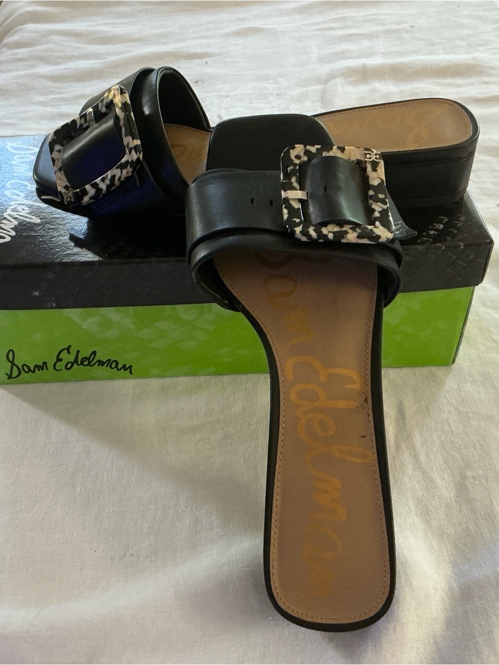 Sam Edelman Black Slide Mules with Marbled Buckle sz 10